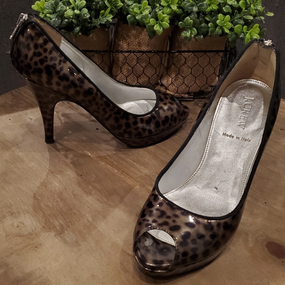 J. Crew | Tortoise Patent Leather Open Toe Jeels